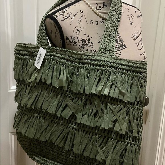 The Last Straw Fringe Straw Tote Bag. In Olive - Picture 6 of 7